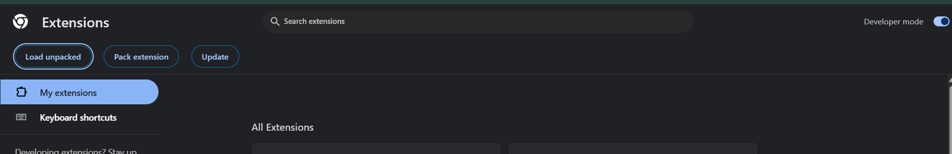 Extensions page showing Developer mode toggle enabled
